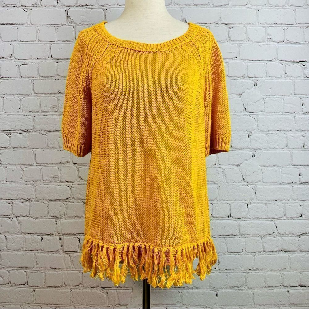 J Crew Short Sleeve Fringe Hem Knit Top Mustard/Gold S